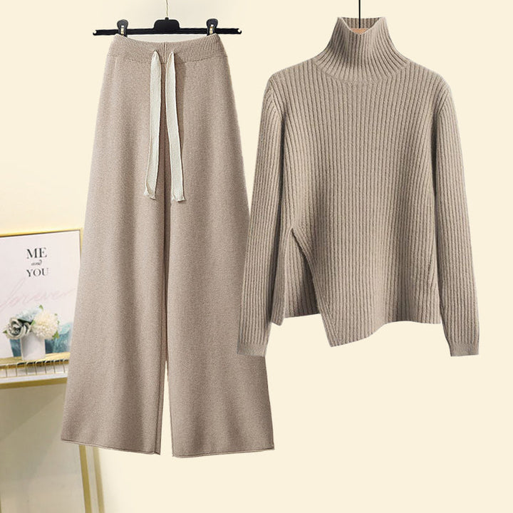 Dames coltrui en wijde broek met trekkoord, tweedelig setje-Sets & Pakken-Calora-Khaki-S-Calora