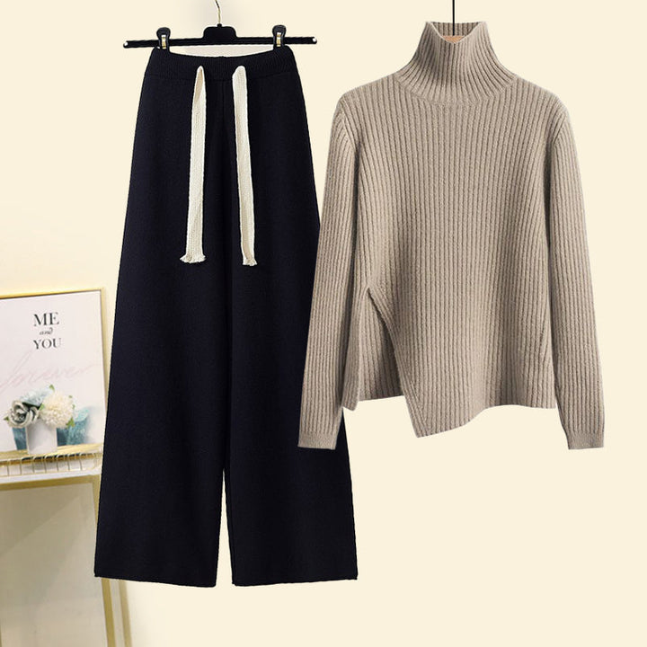Dames coltrui en wijde broek met trekkoord, tweedelig setje-Sets & Pakken-Calora-Zwart-S-Calora