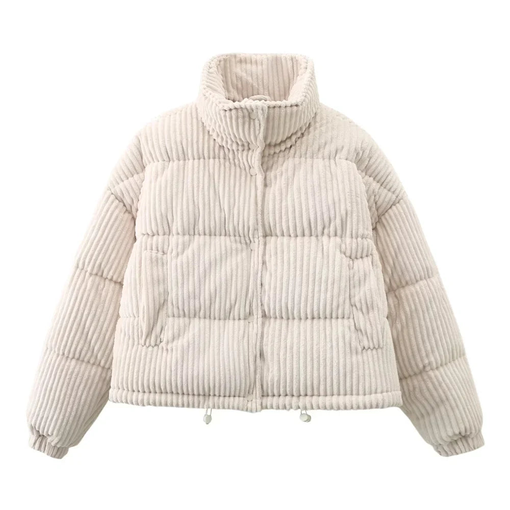 Dames corduroy gewatteerde jas met verlaagde schouders en rits-Zomer Jassen-Calora-Beige-XS-Calora