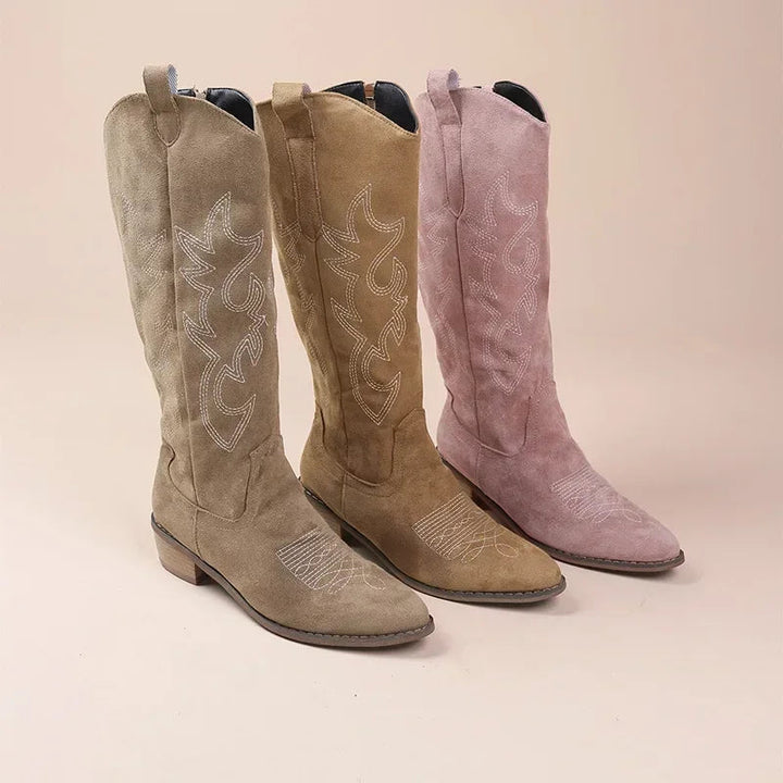 CALORA_ Dames Cowboy Laarzen van Suede met Borduursel en Blokhak