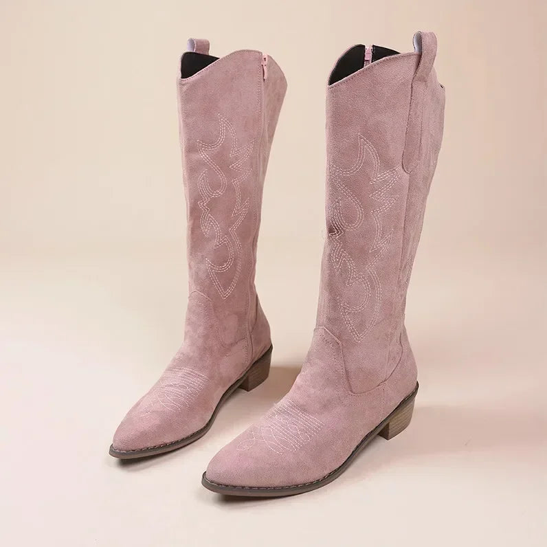 CALORA_ Dames Cowboy Laarzen van Suede met Borduursel en Blokhak