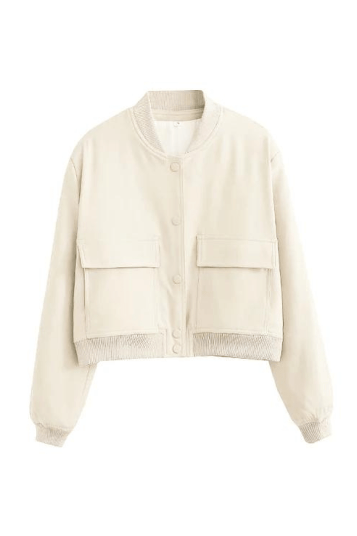 CALORA_ Dames Cropped Varsity Jacket met Knopen en Geribde Kraag