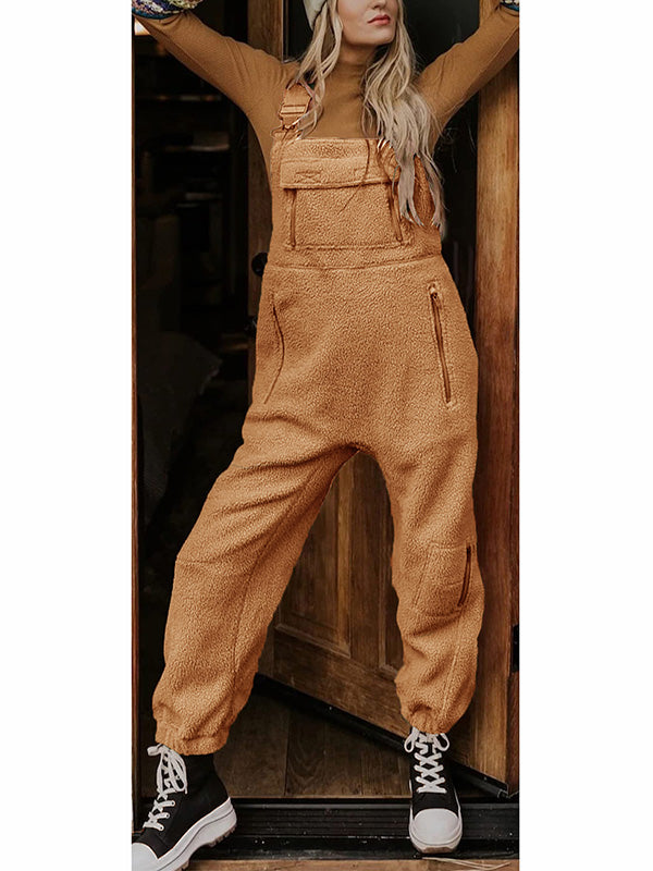 CALORA_ Dames Fleece Thermische Overall met Ritszakken en Vierkante Hals