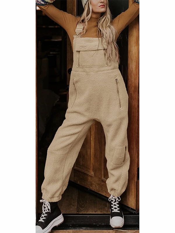 CALORA_ Dames Fleece Thermische Overall met Ritszakken en Vierkante Hals