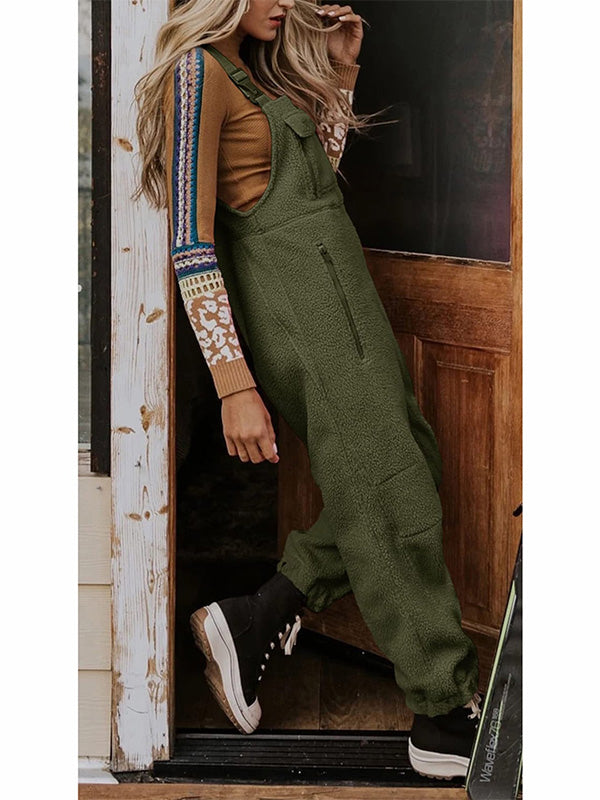 CALORA_ Dames Fleece Thermische Overall met Ritszakken en Vierkante Hals