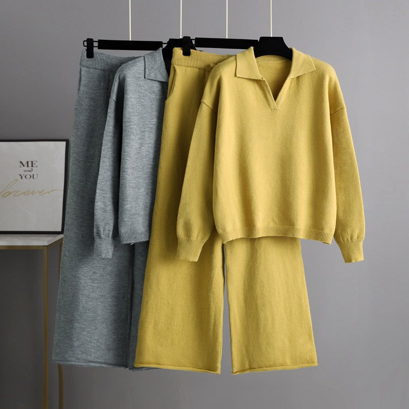 Dames herfst winter gebreide trui en broek set-Sets & Pakken-Calora-Geel-Eén maat-Calora