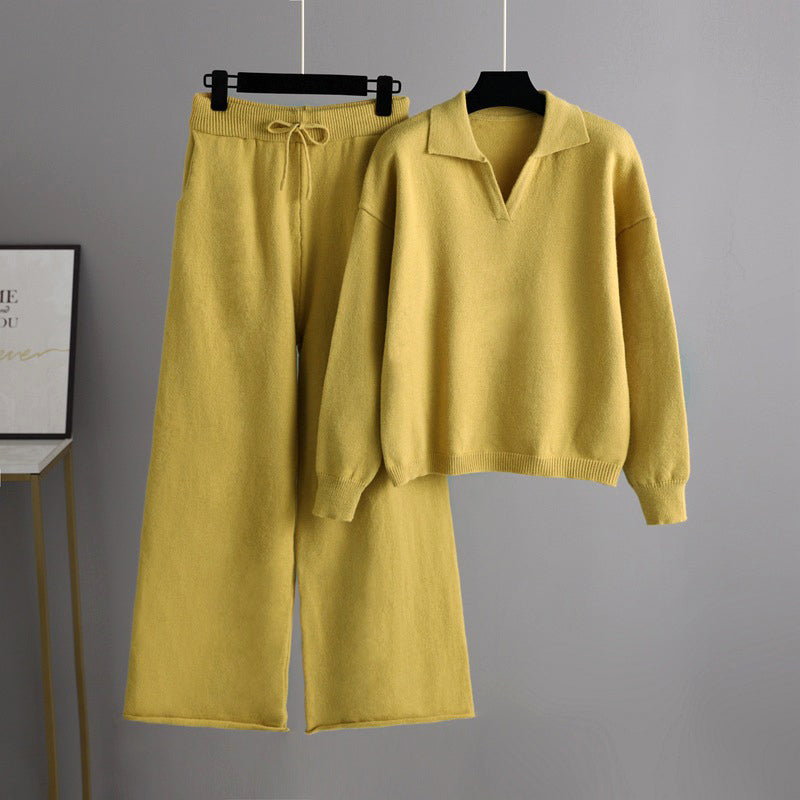 Dames herfst winter gebreide trui en broek set-Sets & Pakken-Calora-Geel-Eén maat-Calora