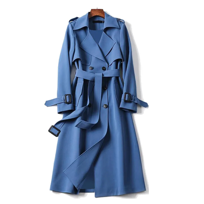 Dames Lange Trenchcoat met Dubbele Knopen voor de Lente-trenchcoat dames-Calora-Blauw-S-Calora