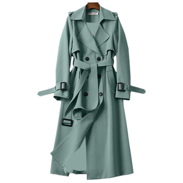Dames Lange Trenchcoat met Dubbele Knopen voor de Lente-trenchcoat dames-Calora-Groen-S-Calora