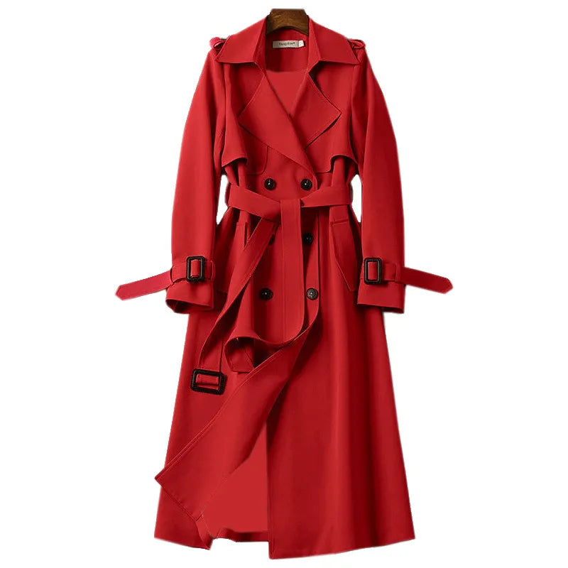 Dames Lange Trenchcoat met Dubbele Knopen voor de Lente-trenchcoat dames-Calora-Rood-S-Calora