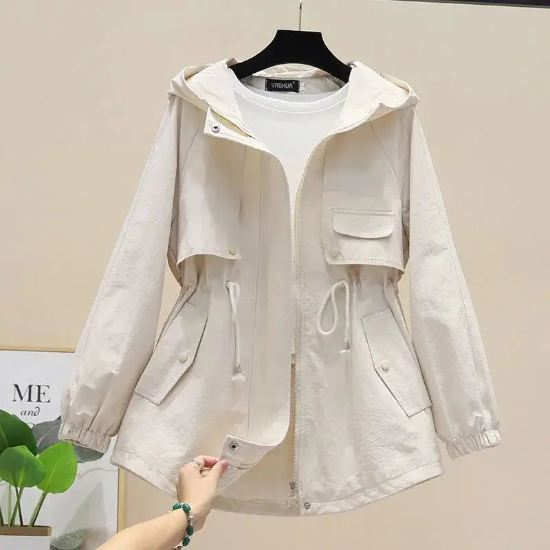 Dames Lente Herfst Trenchcoat met Capuchon en Trekkoord-trenchcoat dames-Calora-Gebroken wit-M-Calora