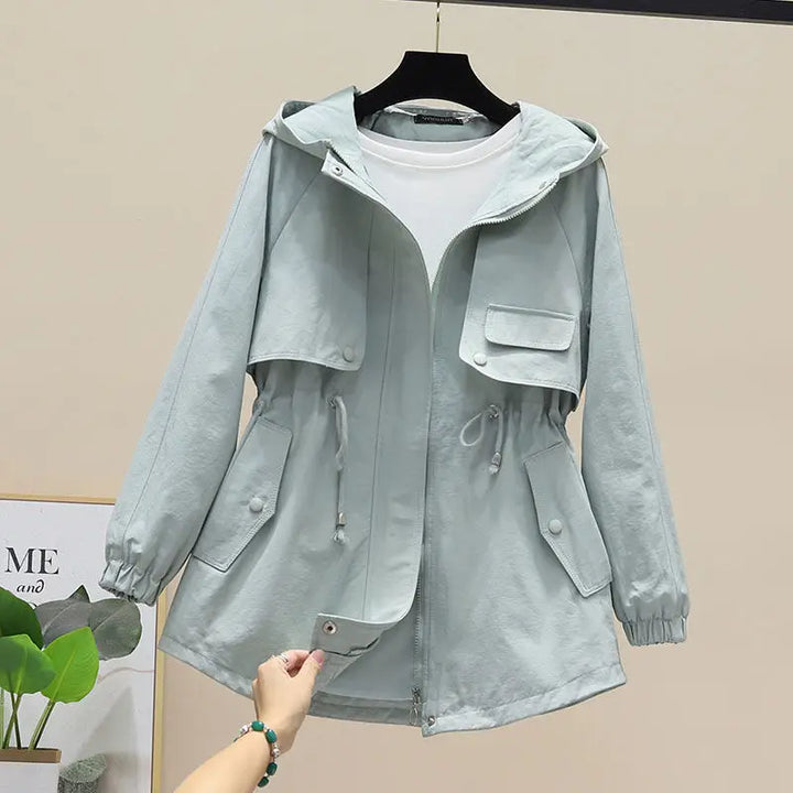 Dames Lente Herfst Trenchcoat met Capuchon en Trekkoord-trenchcoat dames-Calora-Groen-M-Calora