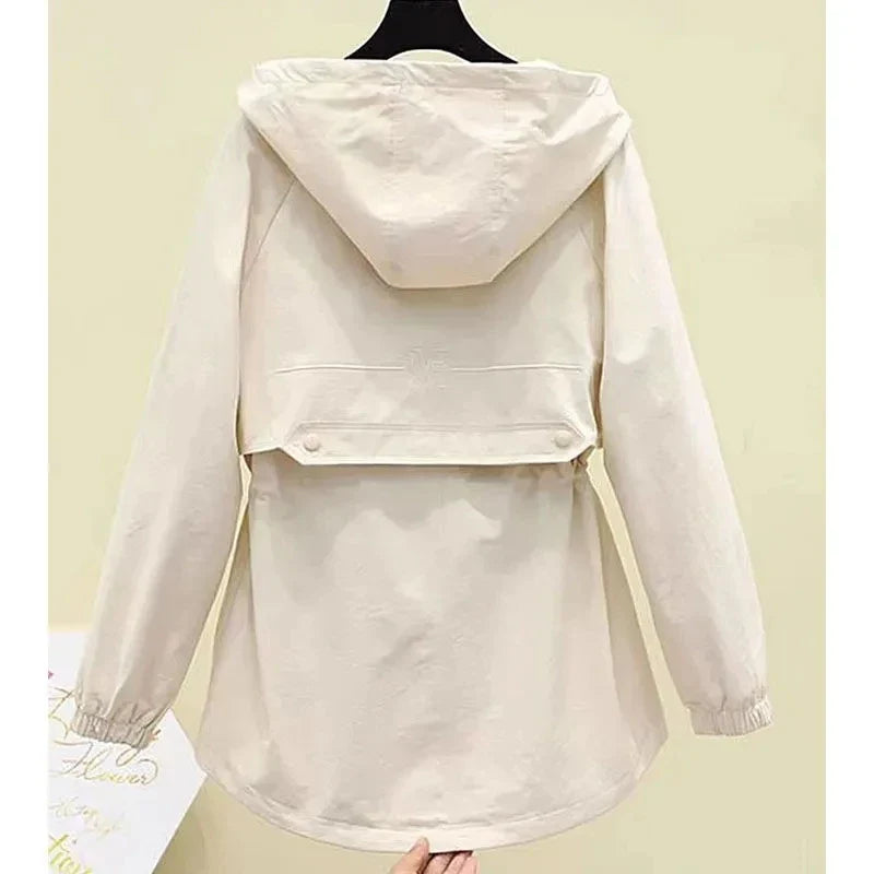Dames Lente Herfst Trenchcoat met Capuchon en Trekkoord-trenchcoat dames-Calora-Khaki-M-Calora