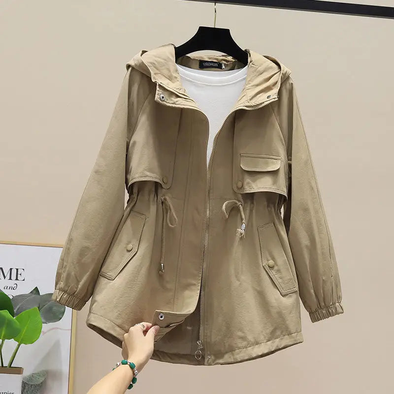 Dames Lente Herfst Trenchcoat met Capuchon en Trekkoord-trenchcoat dames-Calora-Khaki-M-Calora