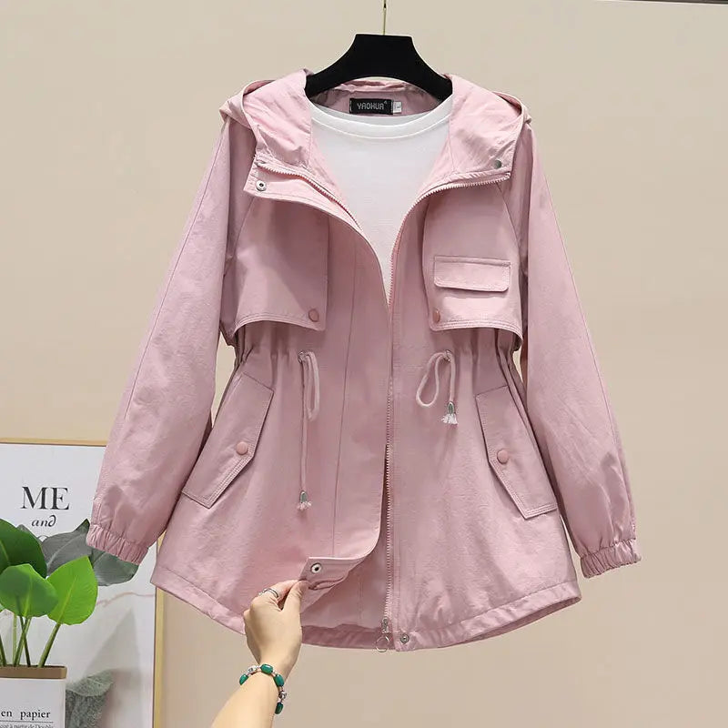 Dames Lente Herfst Trenchcoat met Capuchon en Trekkoord-trenchcoat dames-Calora-Roze-M-Calora