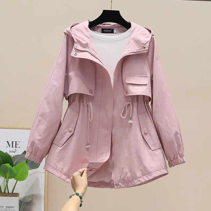 Dames Lente Herfst Trenchcoat met Capuchon en Trekkoord-trenchcoat dames-Calora-Roze-M-Calora