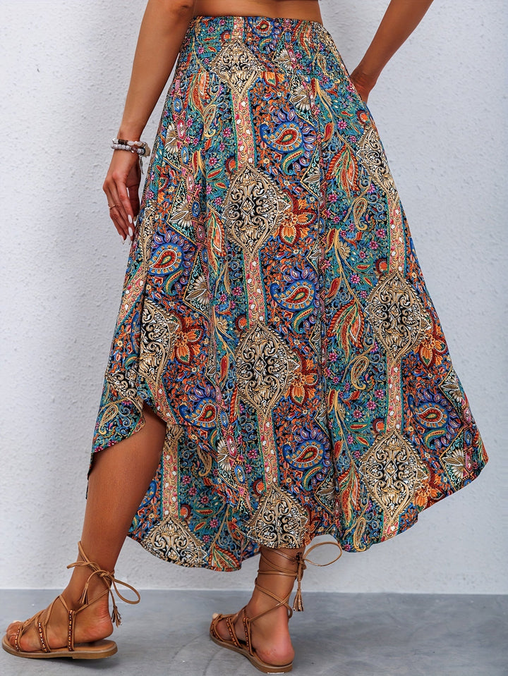 CALORA_ Dames Maxi Rok met Bohemian Paisley Print en Elastische Taille