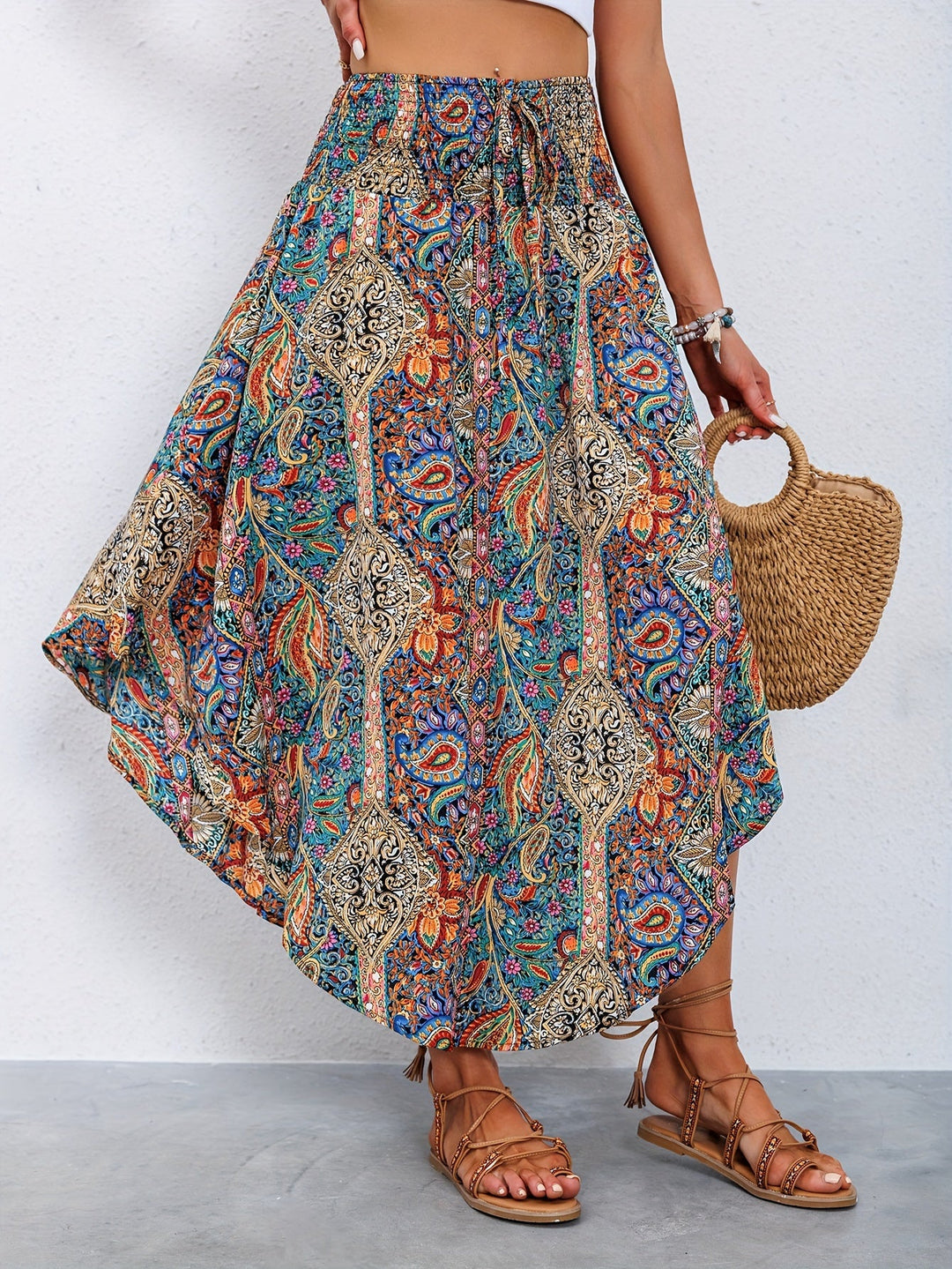 CALORA_ Dames Maxi Rok met Bohemian Paisley Print en Elastische Taille
