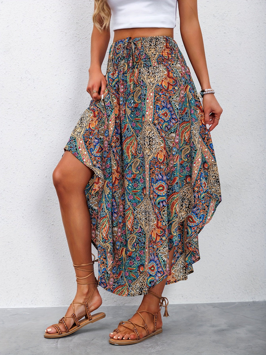CALORA_ Dames Maxi Rok met Bohemian Paisley Print en Elastische Taille