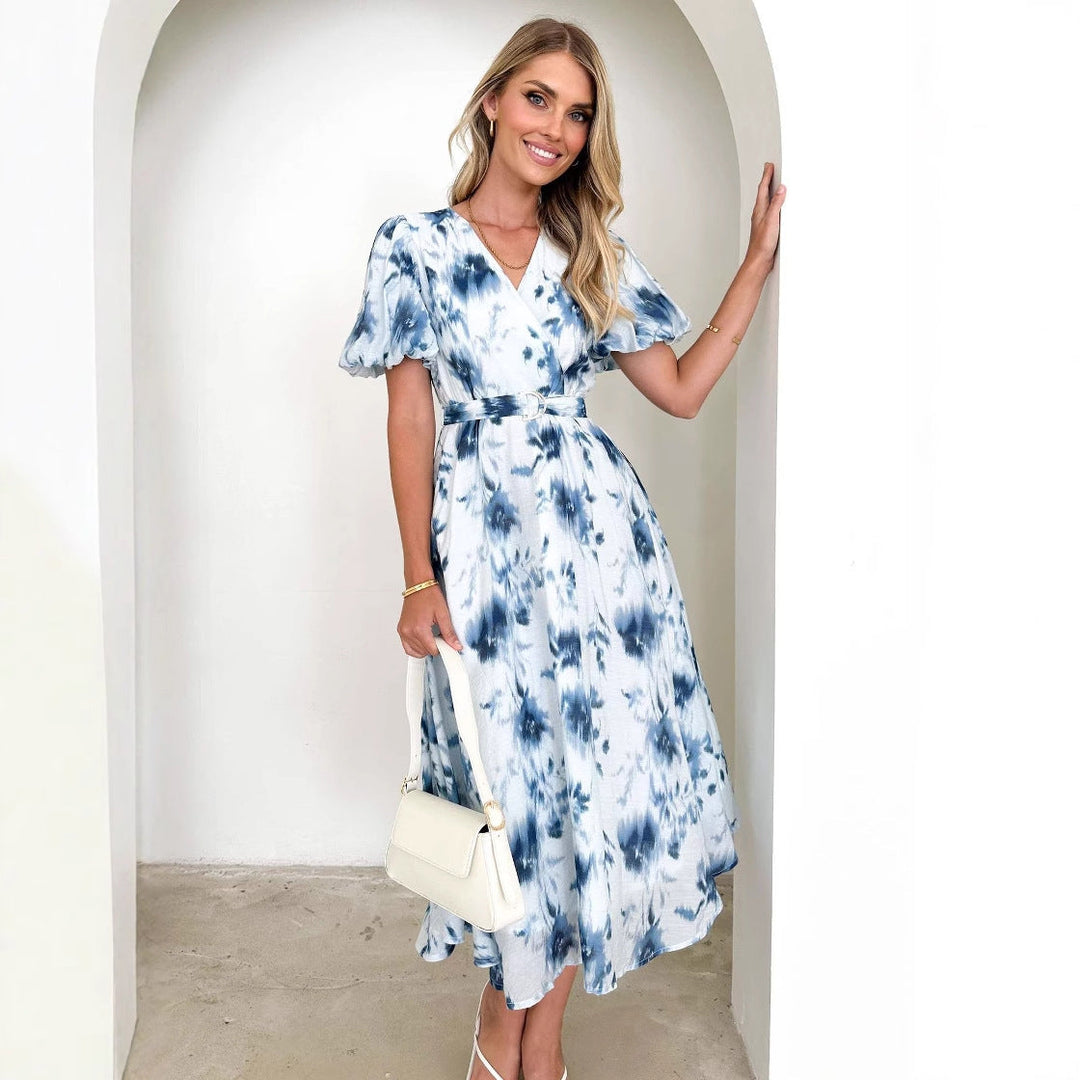 CALORA_ Dames Midi Jurk met V-Hals, Puffy Mouwen en Tailleband