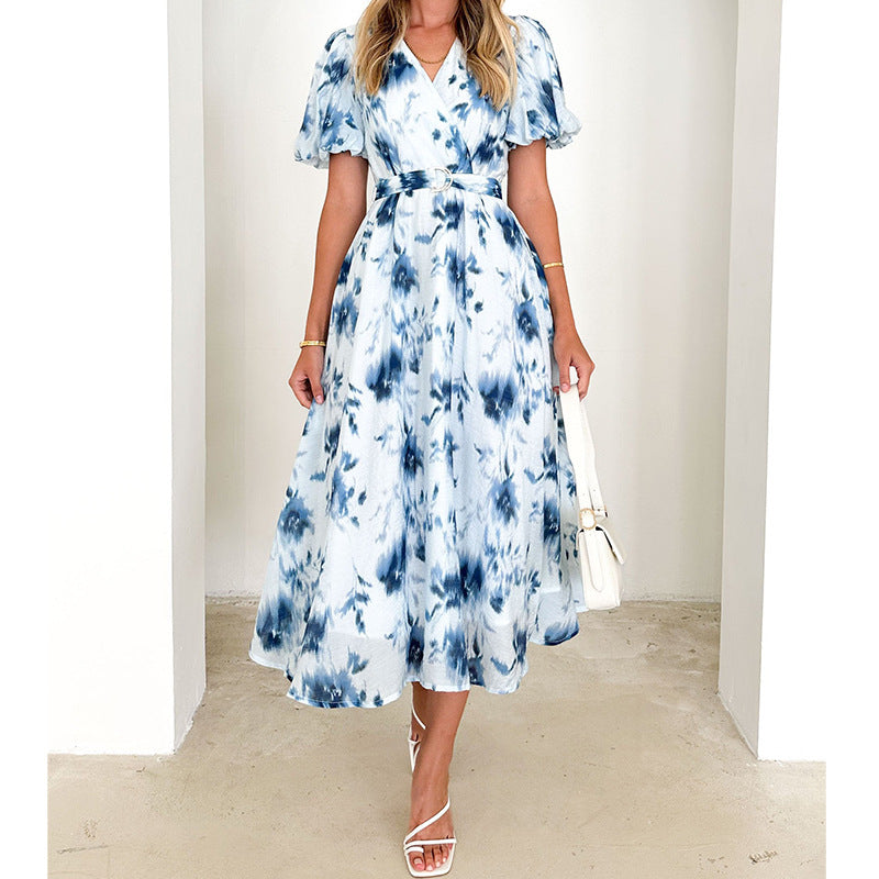 CALORA_ Dames Midi Jurk met V-Hals, Puffy Mouwen en Tailleband