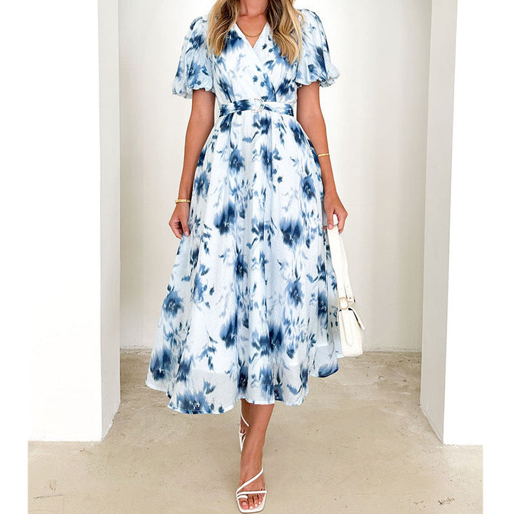 CALORA_ Dames Midi Jurk met V-Hals, Puffy Mouwen en Tailleband
