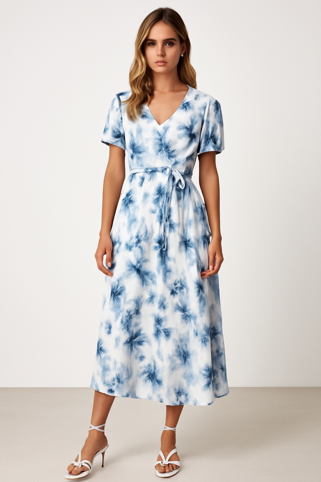 CALORA_ Dames Midi Jurk met V-Hals, Puffy Mouwen en Tailleband