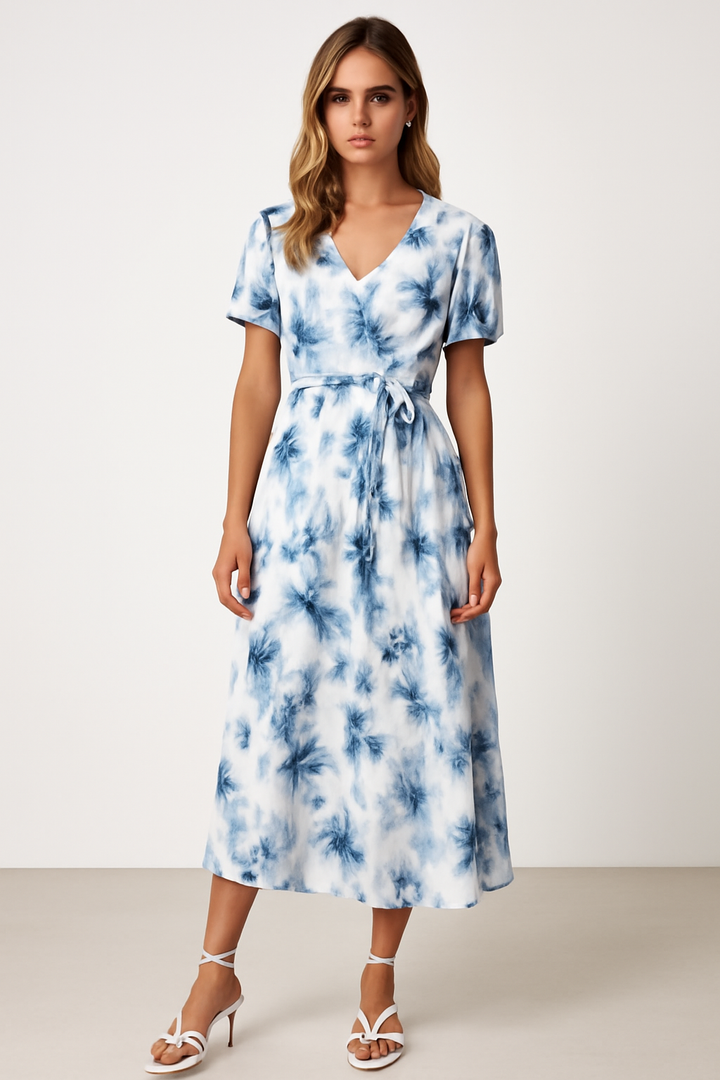 CALORA_ Dames Midi Jurk met V-Hals, Puffy Mouwen en Tailleband