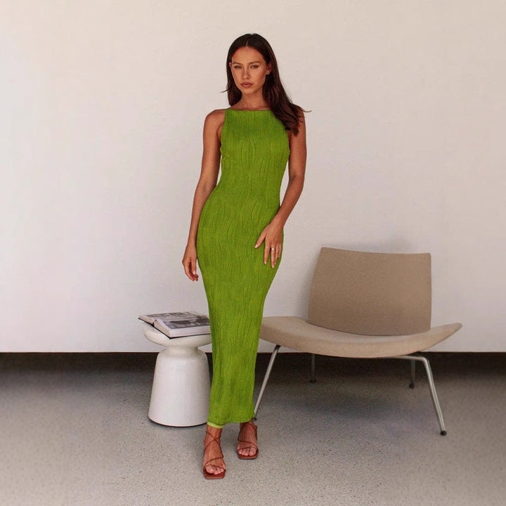 CALORA_ Dames Midi Jurk Slim Fit Rugloos met Textuur en Mouwloos Ontwerp
