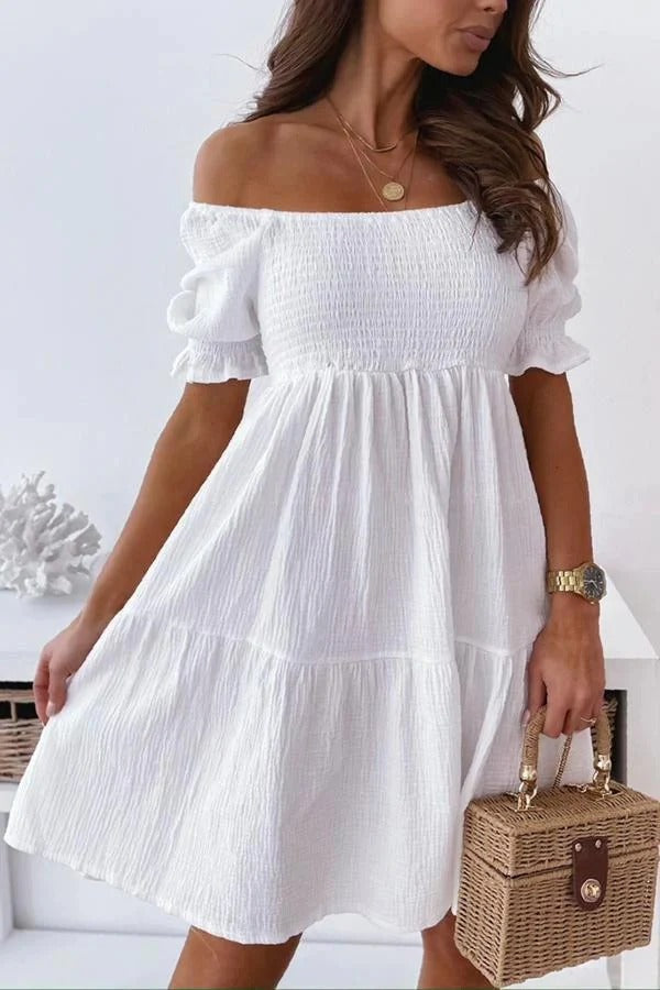 CALORA_ Dames Off-Shoulder Jurk met Rimpel Details en Relaxed Pasvorm