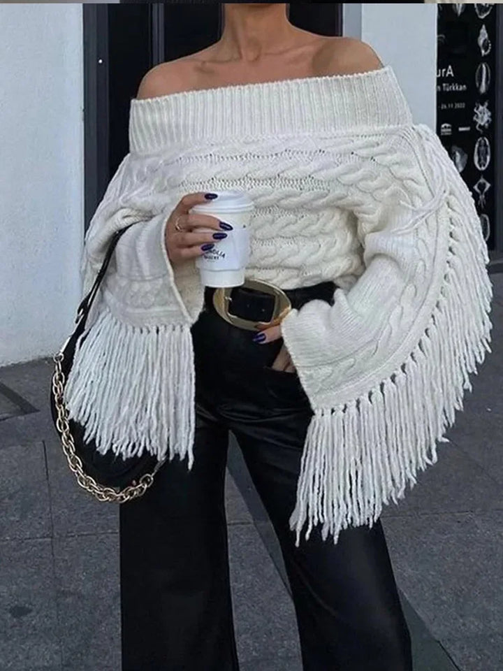Dames off-shoulder kwastjes trui-Blouses-Calora-wit-S-Calora