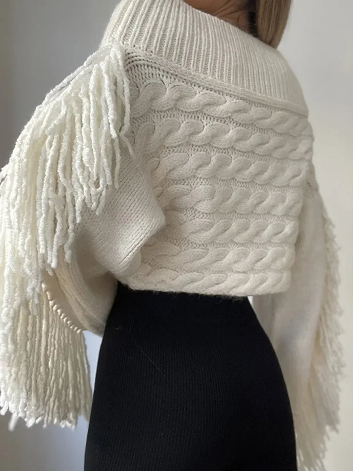 Dames off-shoulder kwastjes trui-Blouses-Calora-wit-S-Calora