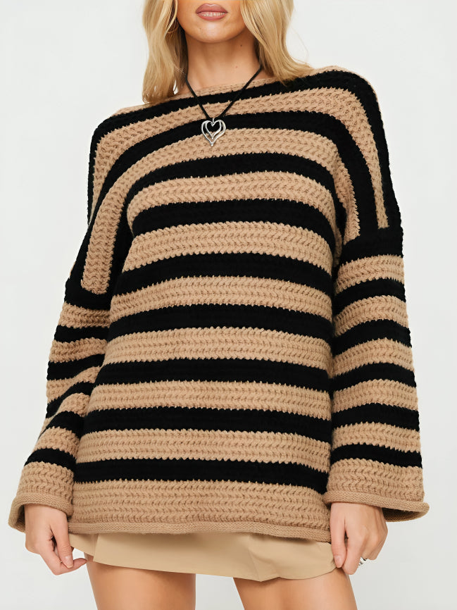 CALORA_ Dames Oversized Trui met Gedurfde Strepen in Groen, Bruin en Roze