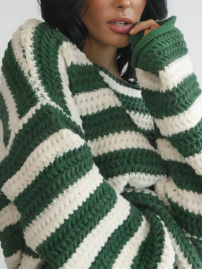 CALORA_ Dames Oversized Trui met Gedurfde Strepen in Groen, Bruin en Roze