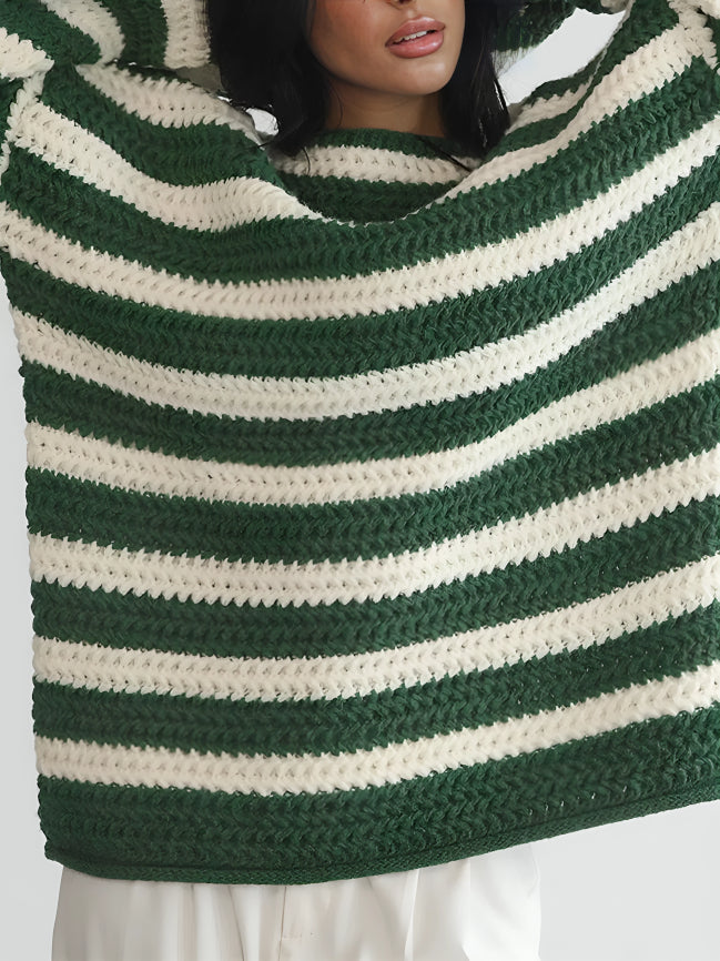 CALORA_ Dames Oversized Trui met Gedurfde Strepen in Groen, Bruin en Roze
