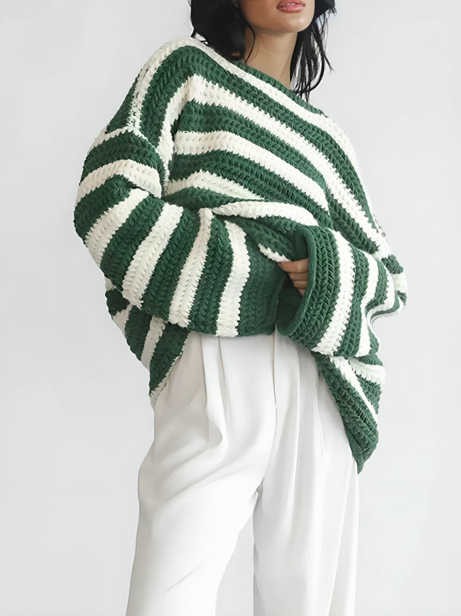 CALORA_ Dames Oversized Trui met Gedurfde Strepen in Groen, Bruin en Roze