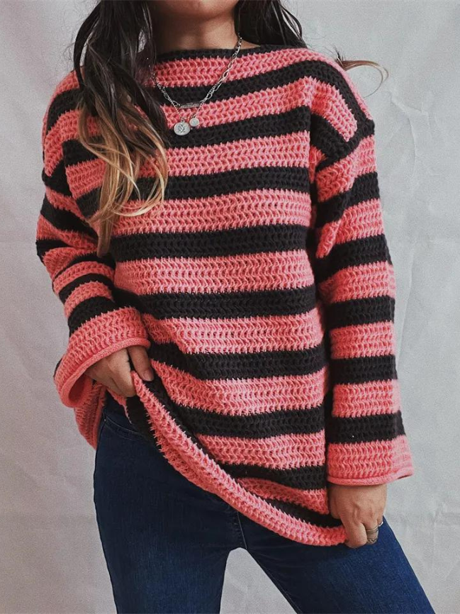 CALORA_ Dames Oversized Trui met Gedurfde Strepen in Groen, Bruin en Roze