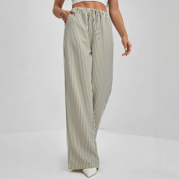 CALORA_ Dames Rechte Broek van Katoenmix met Touwtjes en Gestreept Design