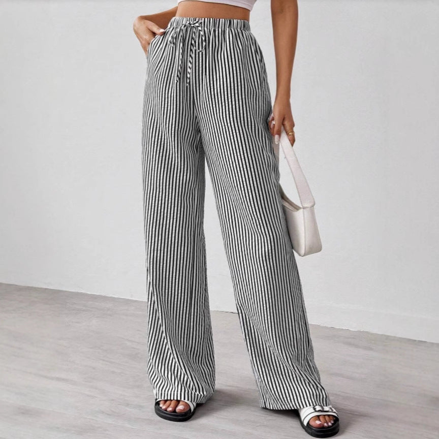 CALORA_ Dames Rechte Broek van Katoenmix met Touwtjes en Gestreept Design