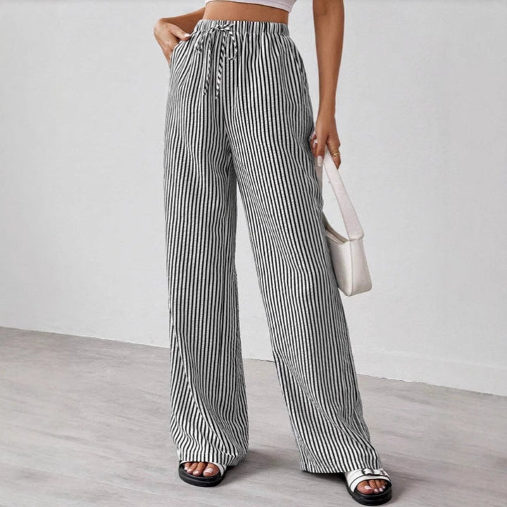 CALORA_ Dames Rechte Broek van Katoenmix met Touwtjes en Gestreept Design