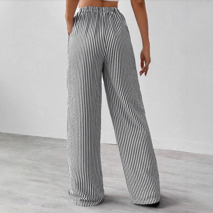 CALORA_ Dames Rechte Broek van Katoenmix met Touwtjes en Gestreept Design