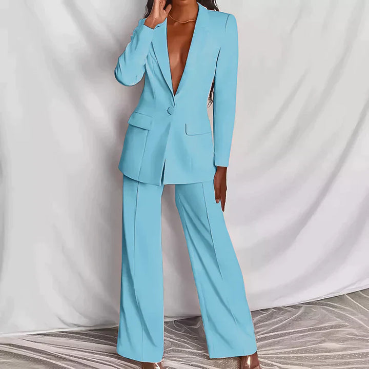 CALORA_ Dames Strak Tailored Pak met Blazer en Brede Pantalon