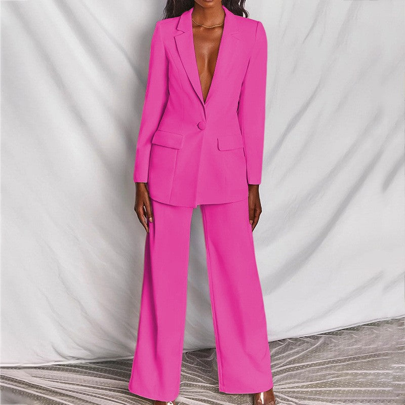 CALORA_ Dames Strak Tailored Pak met Blazer en Brede Pantalon