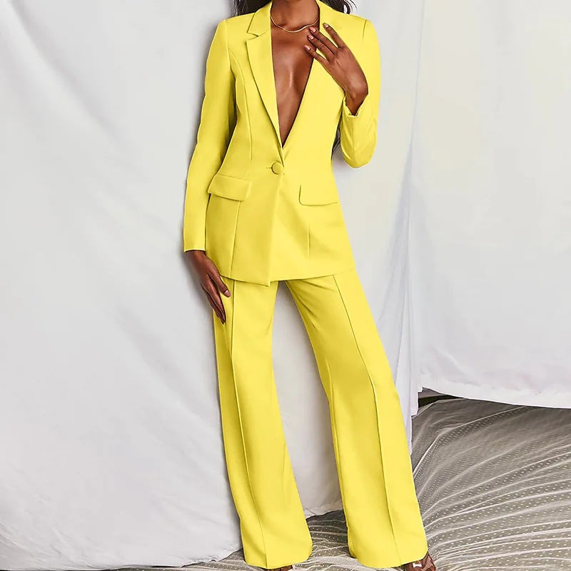 CALORA_ Dames Strak Tailored Pak met Blazer en Brede Pantalon