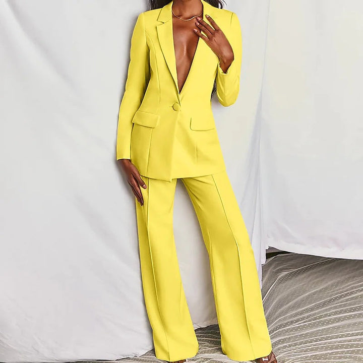 CALORA_ Dames Strak Tailored Pak met Blazer en Brede Pantalon