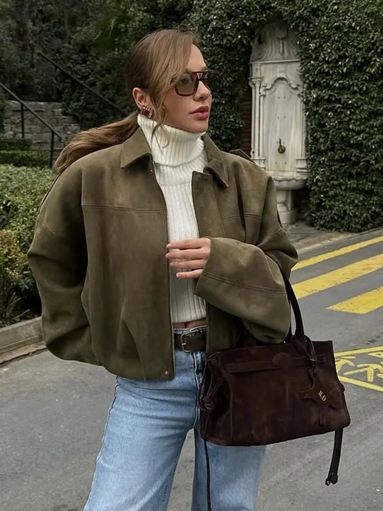 CALORA_ Dames Suede Bomber Jas Bruin Groen Met Rits Motorjas