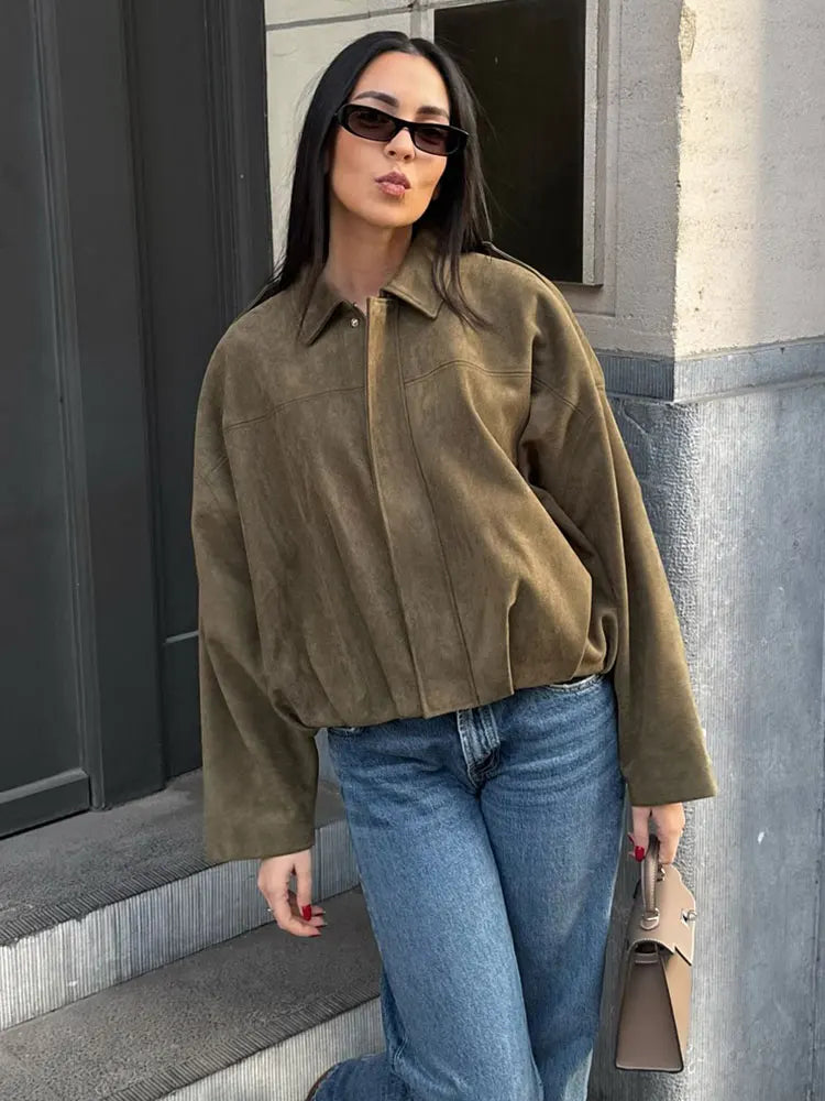 CALORA_ Dames Suede Bomber Jas Bruin Groen Met Rits Motorjas