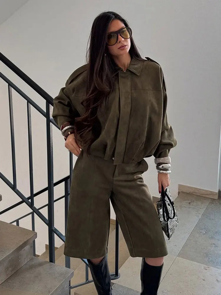 CALORA_ Dames Suede Bomber Jas Bruin Groen Met Rits Motorjas