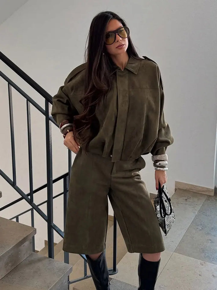 CALORA_ Dames Suede Bomber Jas Bruin Groen Met Rits Motorjas