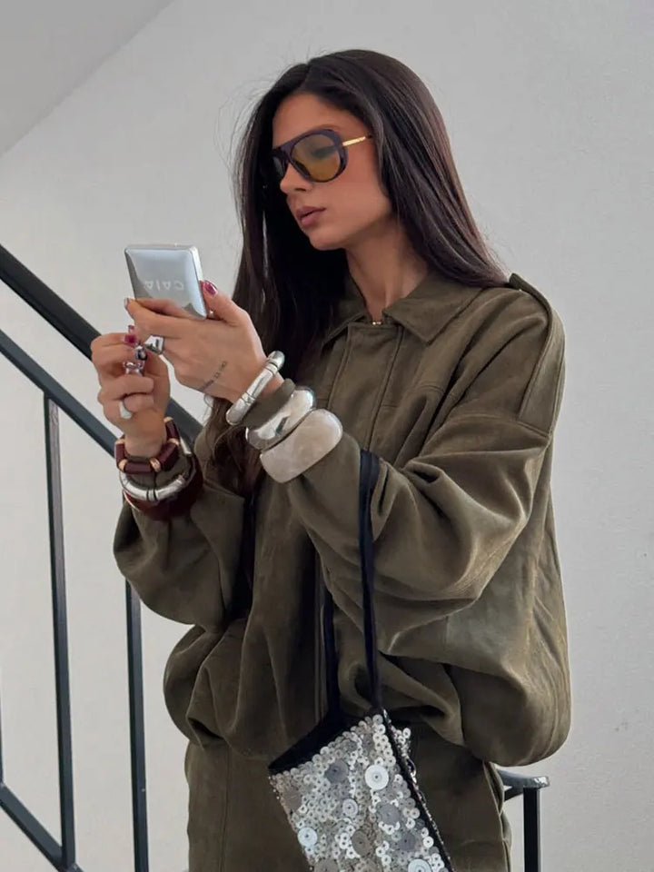 CALORA_ Dames Suede Bomber Jas Bruin Groen Met Rits Motorjas